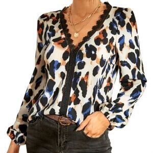 Women's Contrast Lace & Leopard Print Elegant Long Sleeve Blouse Size Small